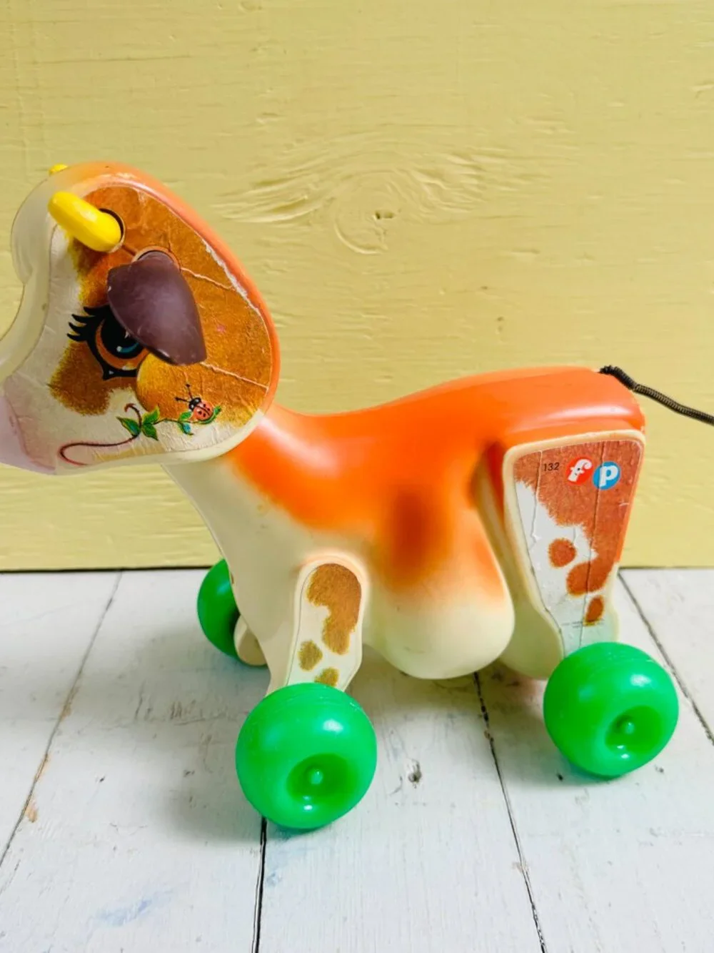 Vintage 1972 Fisher-Price Molly Moo Cow #132 Pull Toy Green Wheels USA